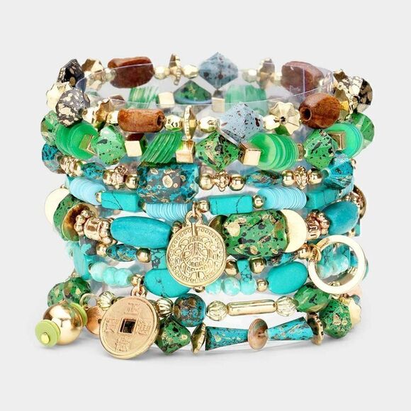 9PCS - Green Coin Charm Wood Multi Beaded Stretch Bracelets - Picture 1 of 6